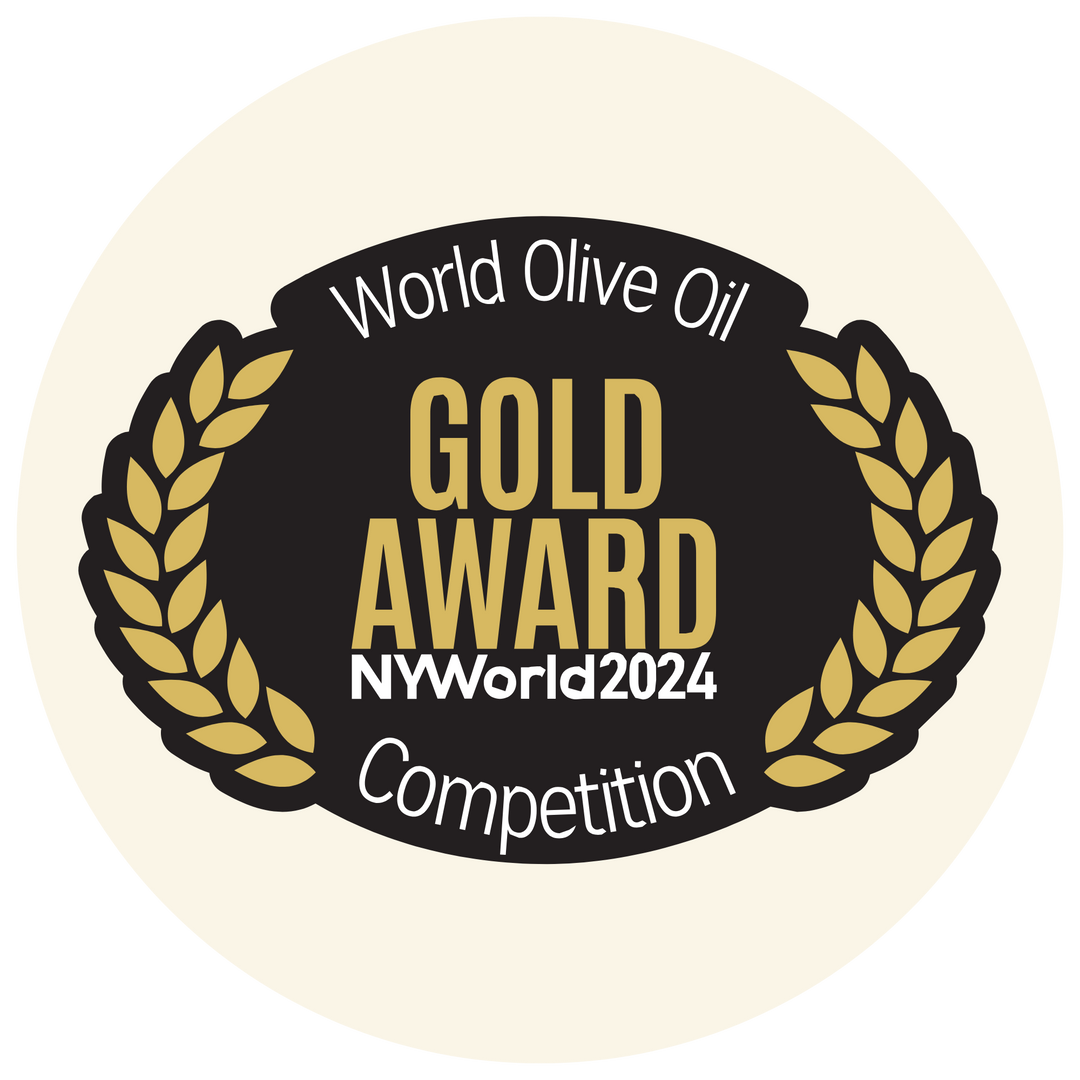 NY World 2024 Gold Award Badge. Text: "World Olive Oil. Gold Award. NY World 2024. Competition."