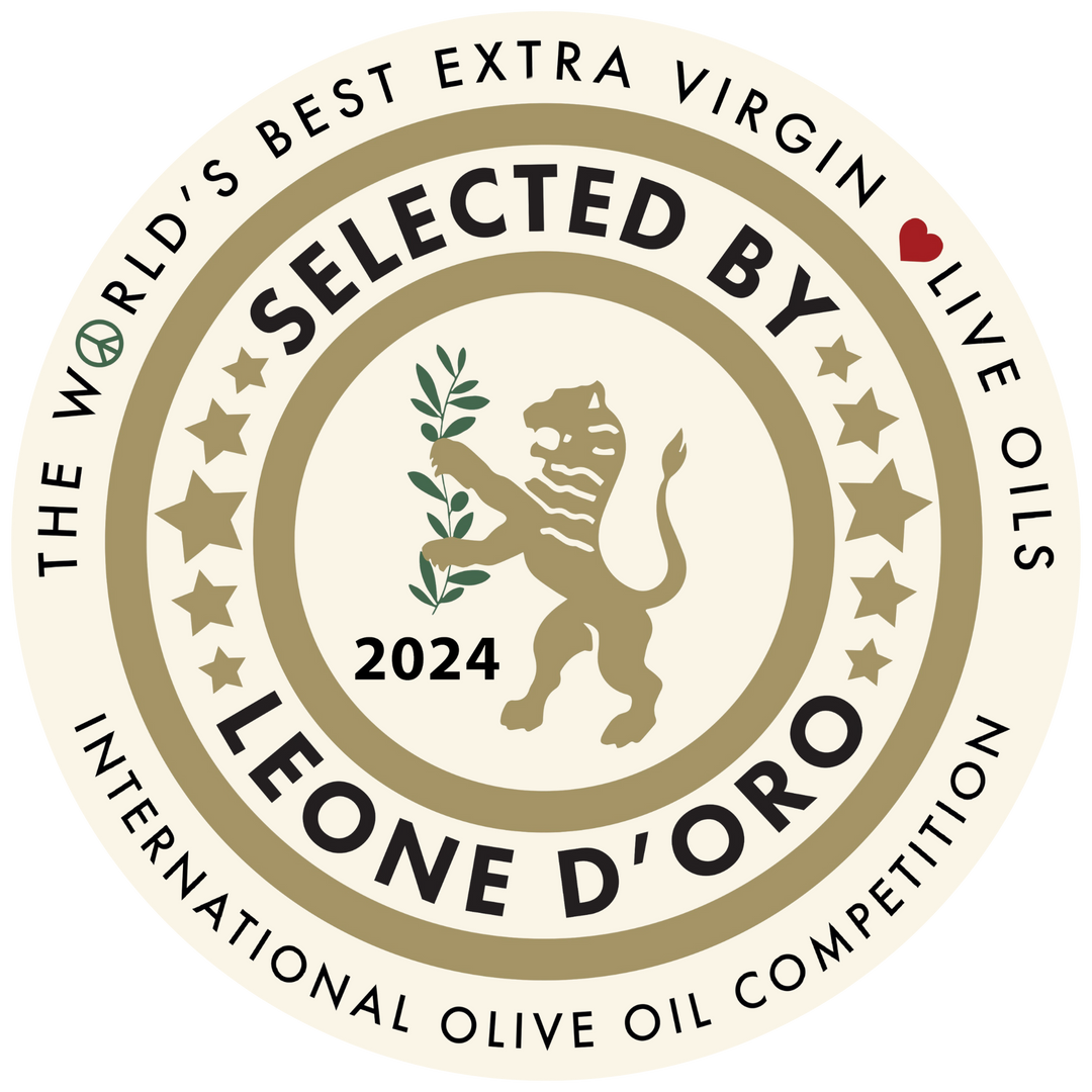 Selected By Leone D'Oro 2024 Badge.
Text: "The World's Best Extra Virgin Olive Oils. Selected by Leone D'Oro 2024. International Olive Oil Competition"